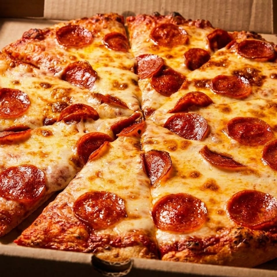 A whole pepperoni pizza, cut into slices, sits in an open cardboard delivery box.