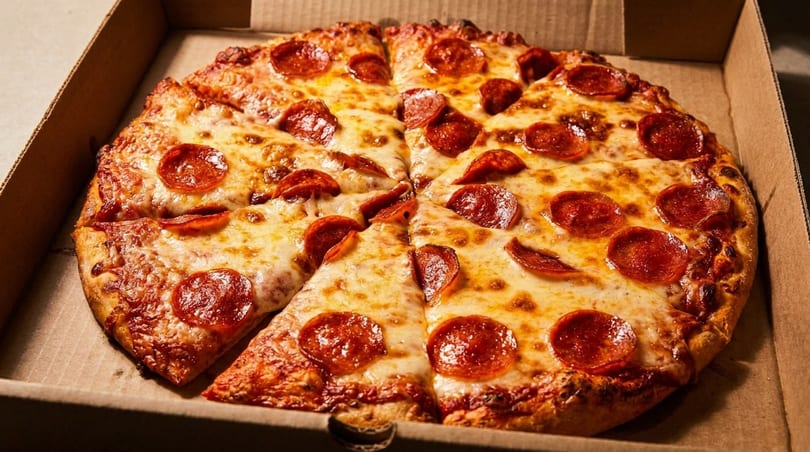 A whole pepperoni pizza, cut into slices, sits in an open cardboard delivery box.