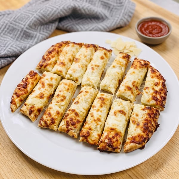 A white plate filled with cheesy breadsticks, a small bowl of marinara sauce, and cheese shavings.