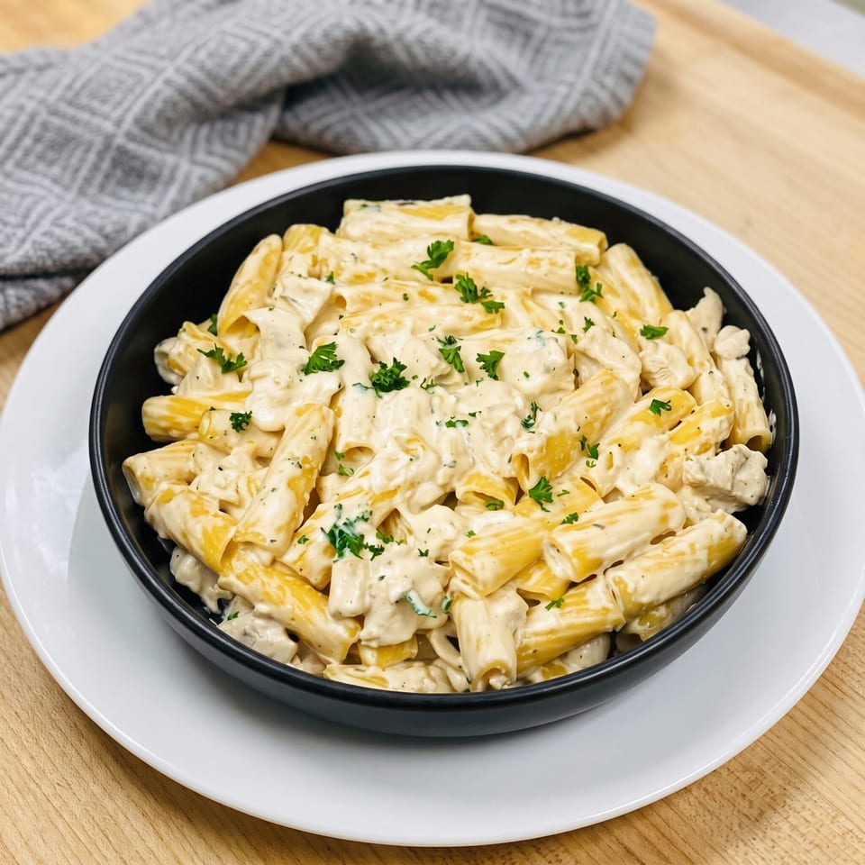 Creamy chicken rigatoni pasta with parsley in a black bowl on a white plate and wooden table.