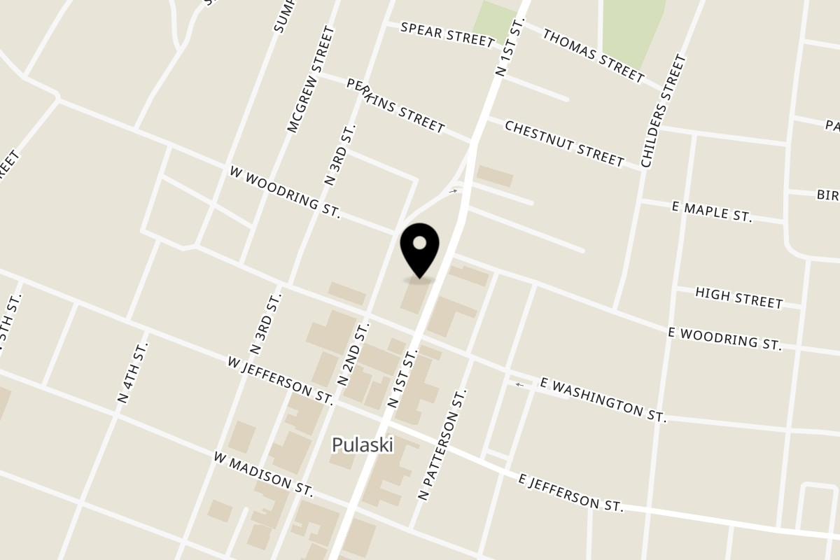 Map showing the location of Pizza on Main Pizza on Main 2 on 316 N 1st St in Pulaski